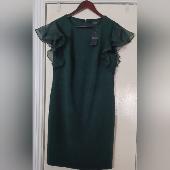 NWT Lauren Ralph Lauren Women's Crepe flutter-Sleeve dress, size 10 in green - Picture 2 of 4
